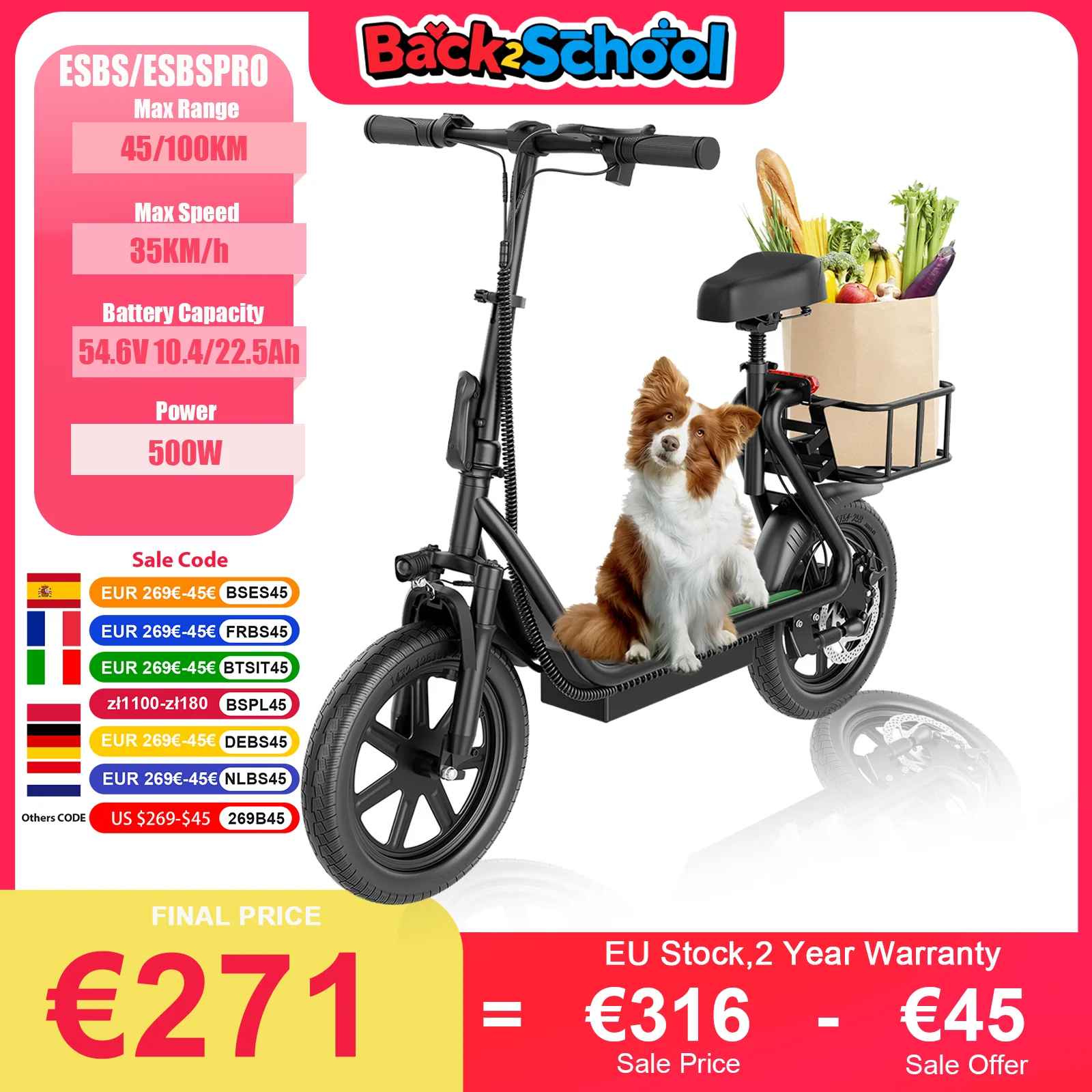 JUICEASE ESBS/ESBSPRO 500W Scooter elettrico 54.6 v10.4ah/22.5Ah batteria di grande capacità 45/100KM a lungo raggio 35 km/h 14 pollici EScooter