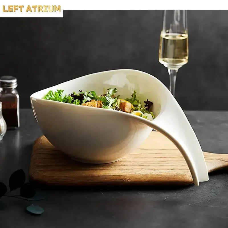 Irregular Shape Ceramic Vegetable Salad Plate Kitchen Ramen Noodle Bowls Soup Basin Solid Color Cutlery Bowl Serving