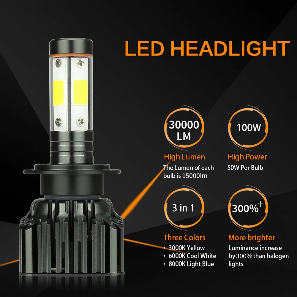 Zdatt-車のヘッドライト用電球,LED h7 h4 h11 h13 9008 9005 hb3 9006 hb4,100w 3000k 6000k,8000k,12v,自動車用ヘッドライト,自動車用