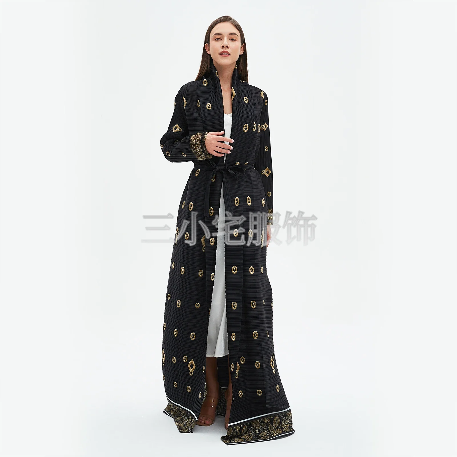 Pleats Pleated Long Sleeve Printed Dress Windbreak Women 2024 Winter New Original Designer Abayas Turndown Collar Belted Coats