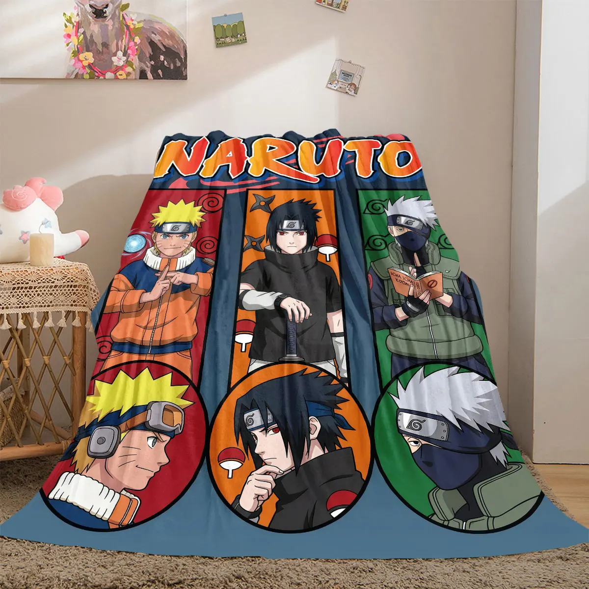 Naruto Custom 2D Cartoon Flannel Blanket, Printed Figures for Sofa Couch, Warm Travel Picnic Blanket_LIAN