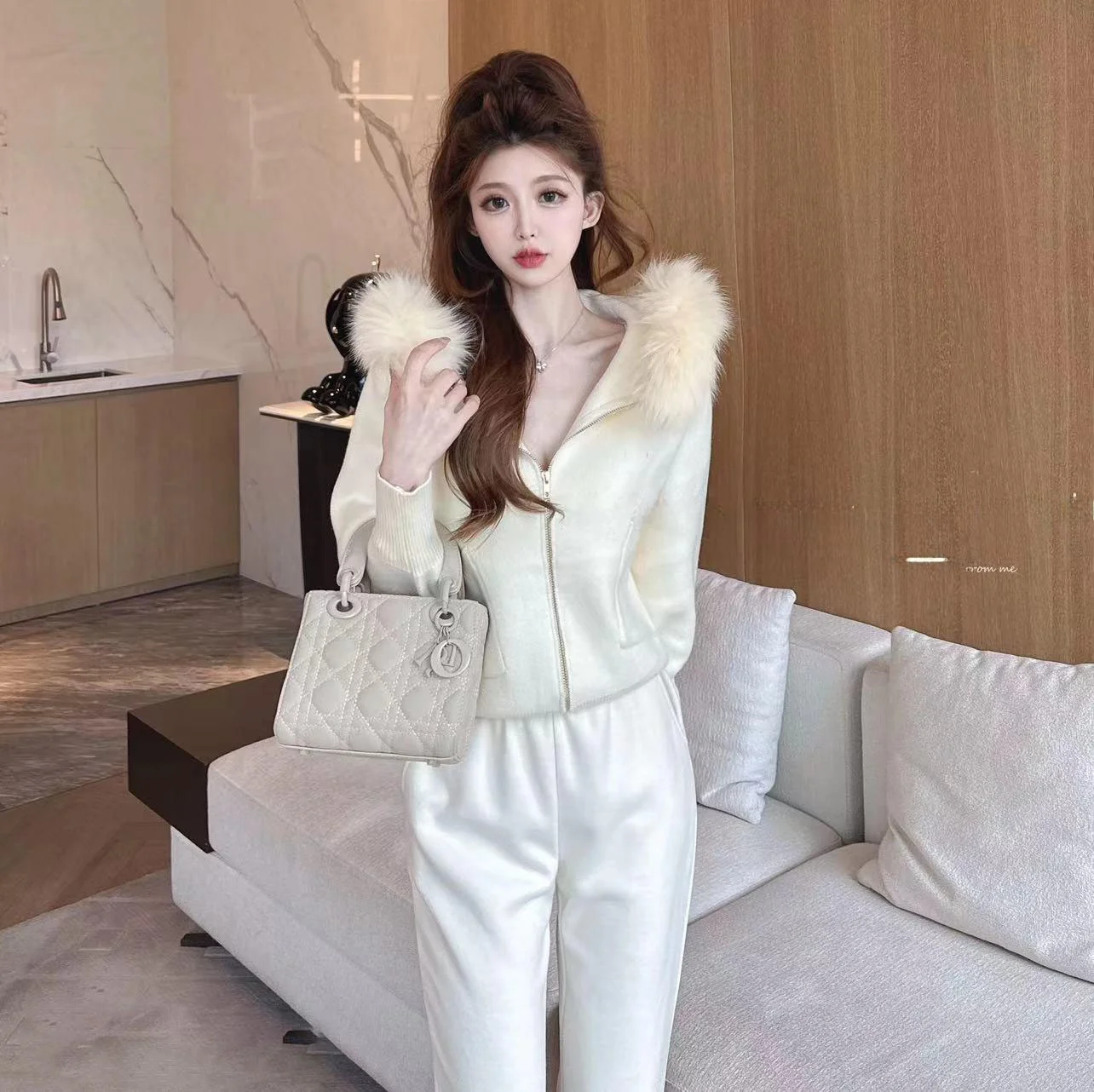 Ladies Thiened Knitted Coat with Fur Collar Spring Autumn New Sle Faionable Slimming Hooded Knitwear Women's Outerwear