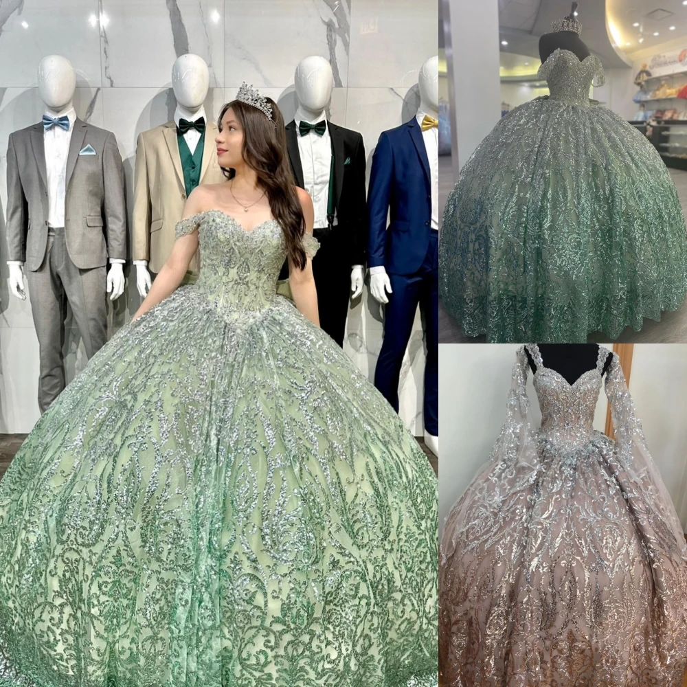 Ombre Sequin Quinceanera Dress Bell Sleeves Debutante Ball Mexican Glitter Quince Sweet 15/16 Birthday Party Gown for 15th Girl