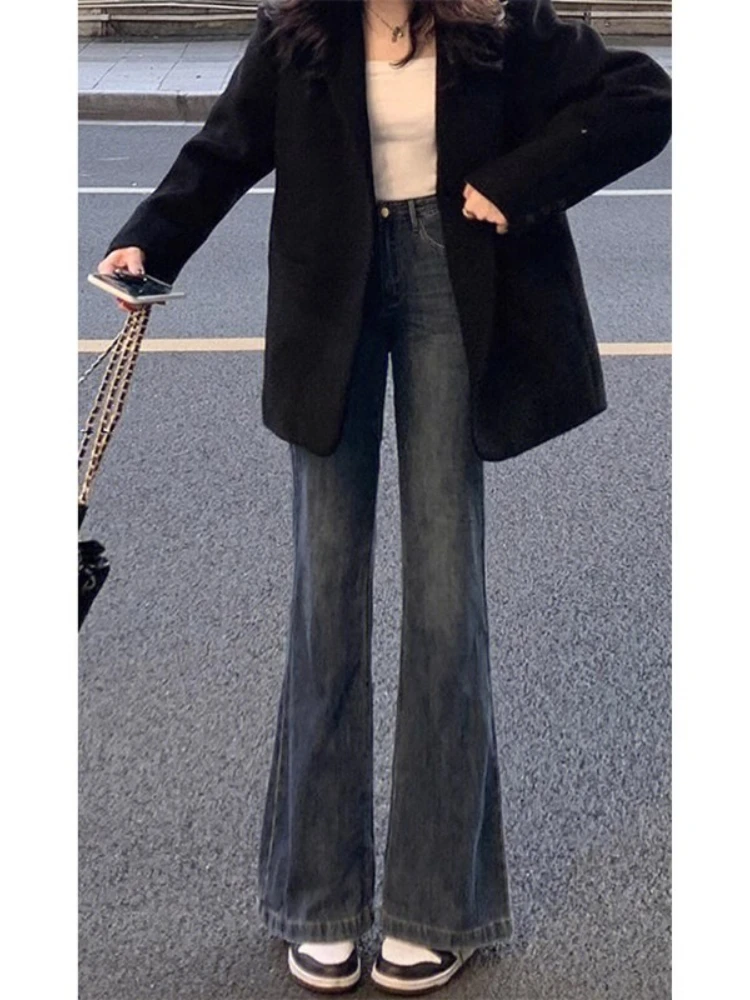 

Джинсы с высокой талией и микро-расклешенной подкладкой, женские прямые широкие брюки больших размеров, утягивающие брюки-клеш