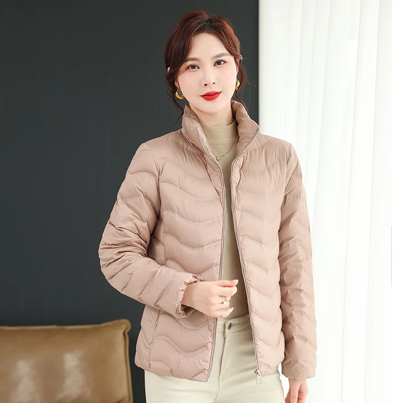 Autumn and Winter New Vertical Collar Thin Down Jacket Women\'s Short White Duck Down Warm Wave Line Coat Trendy