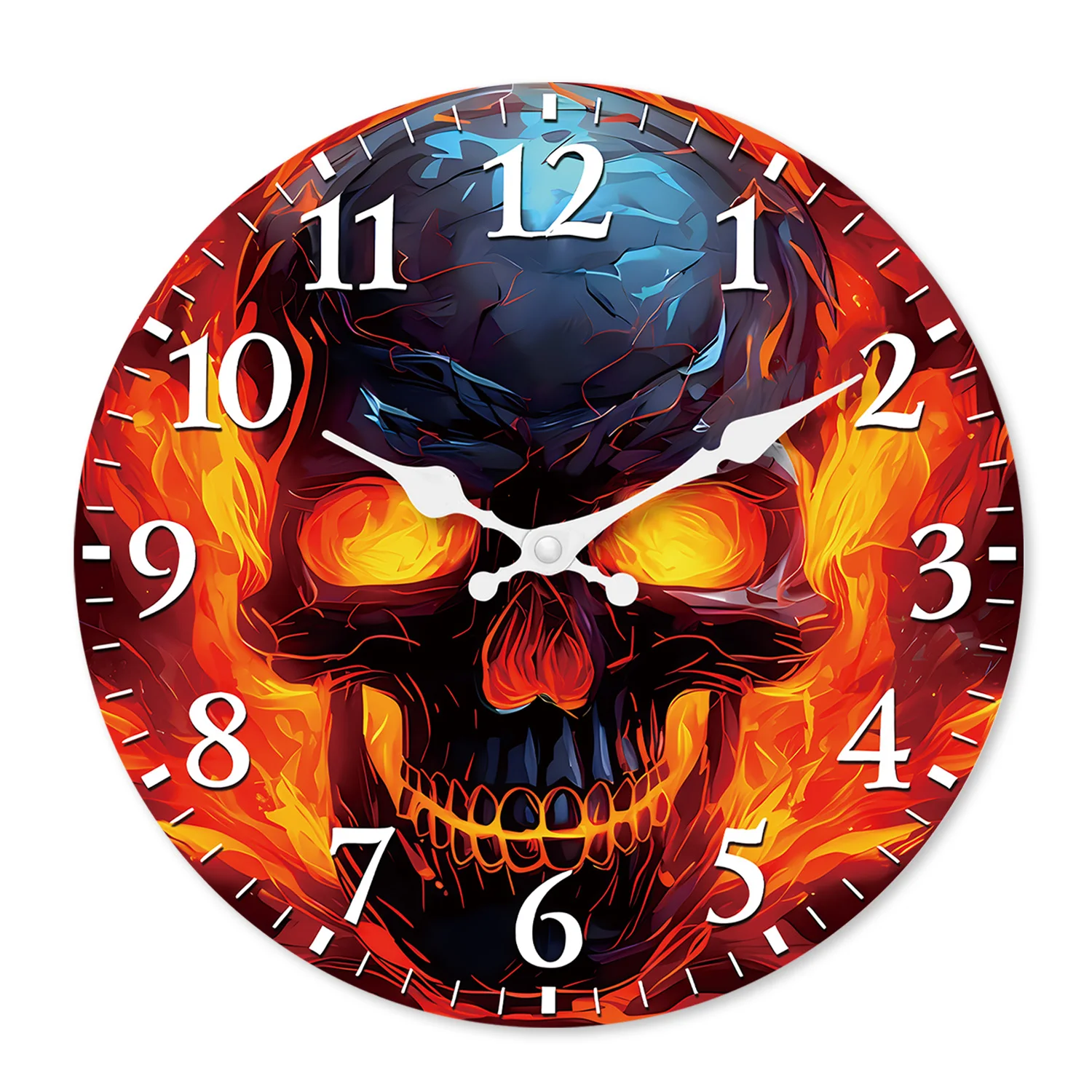 Personalized Cool Flame Skull Pattern Wooden Wall Clock for Living Room, Bedroom, Kitchen, Home Decoration, Silent Quartz Clock, Holiday Gift, 10 Inches, 12 Inches, 14inch, 16inch (Battery Not Included)