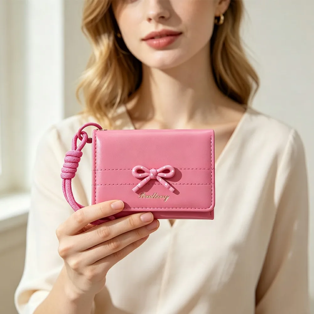 1Pc Cute Bow-Decorated Women's Short 70% off Pu Wallet, with Detachable Wrist Strap, 5 Card Slots + Id Window + Bill Compartment, a Sweet Gift for Girls