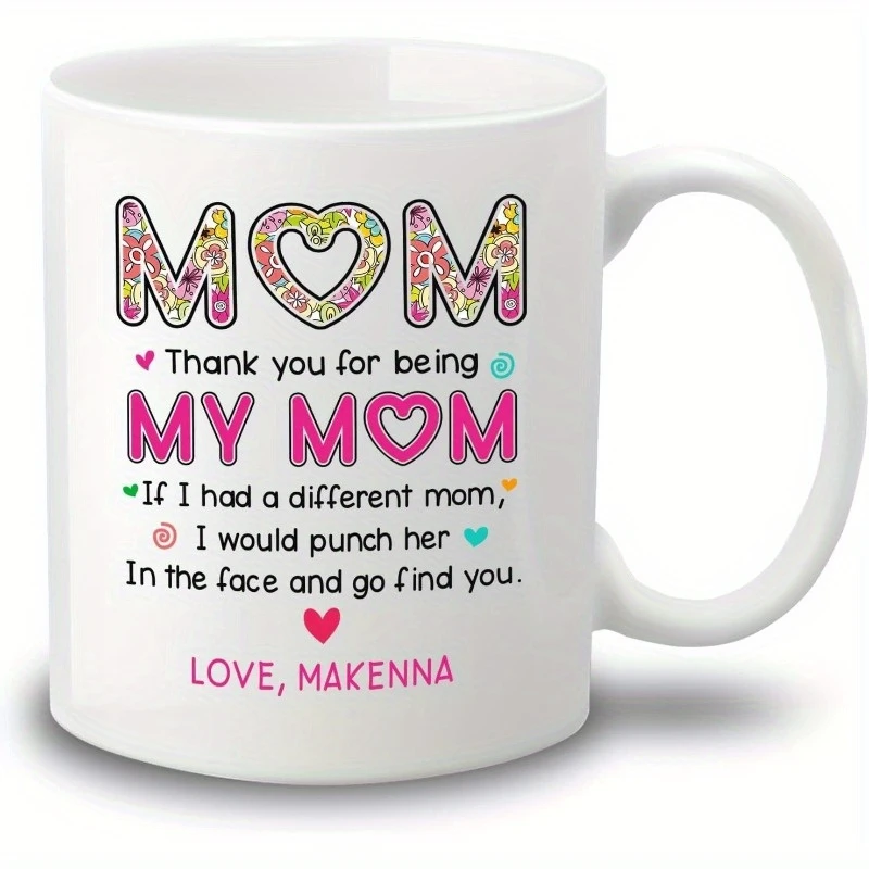 Ceramic Mom Mug “Thank You for Being My Mom” Personalized Love Message with Floral Heart