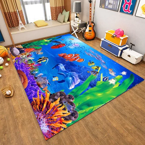 Newest Soft Flannel Large Living Room Rug 3D Underwater Coral Fish Print Non Slip Washable Floor Carpet For Kids Bedroom