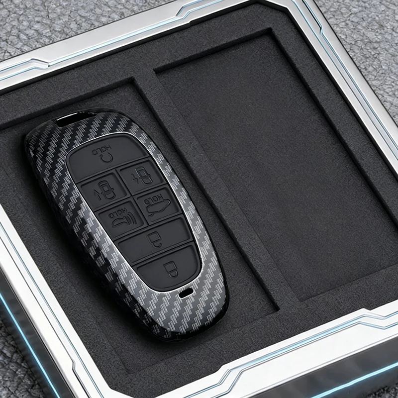 7-Tasten-Schlüsselhülle für Hyundai Santa Fe Tucson 2022 NEXO NX4 Atos Solaris Prime im ABS Carbon-Fiber-Stil mit Schlüsselanhänger – Detail 2