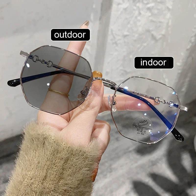 Fashion Anti Blue Light Photochromic Myopia Glasses with Diopter To 6.0 Vintage Polygonal Frame Minus Eyewear Optical Sunglasses