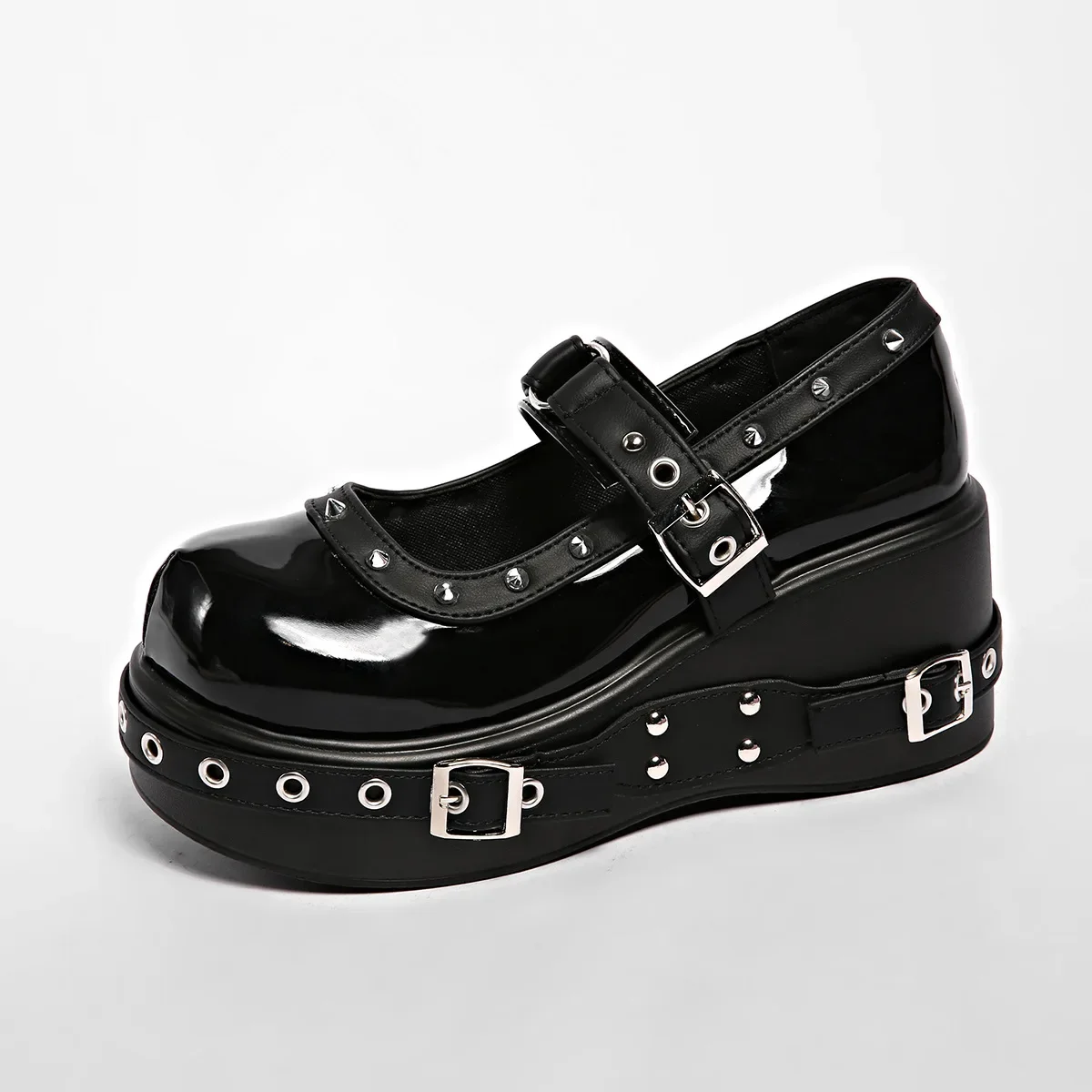 Damen Plus Size 35-42 Mary Jane Schuhe, Plateau T-Strap Pumps, Nietenbesetzte Schwarze Leder-Freizeitschuhe, Cosplayer Punk-Stil Schuhe – Detail 9
