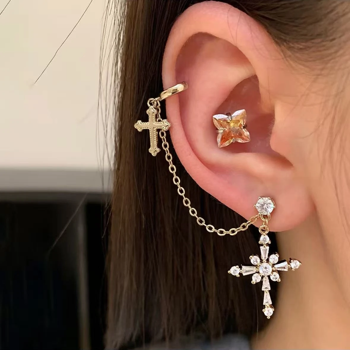 

1pcs Coffee Gold Color Double Ear Hole Tassel Cross Ear Bone Nail For Women Stainless Steel Y2K Fashion Piercing Earrings Gift