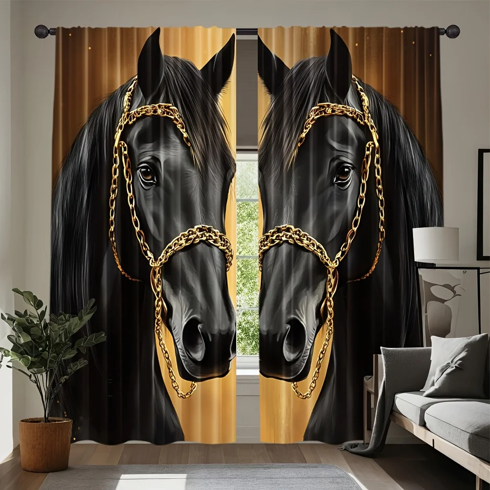 Elegant Horse Portrait Curtain Pair Black Gold Equestrian Style Living Room Home Decor Curtain Panels