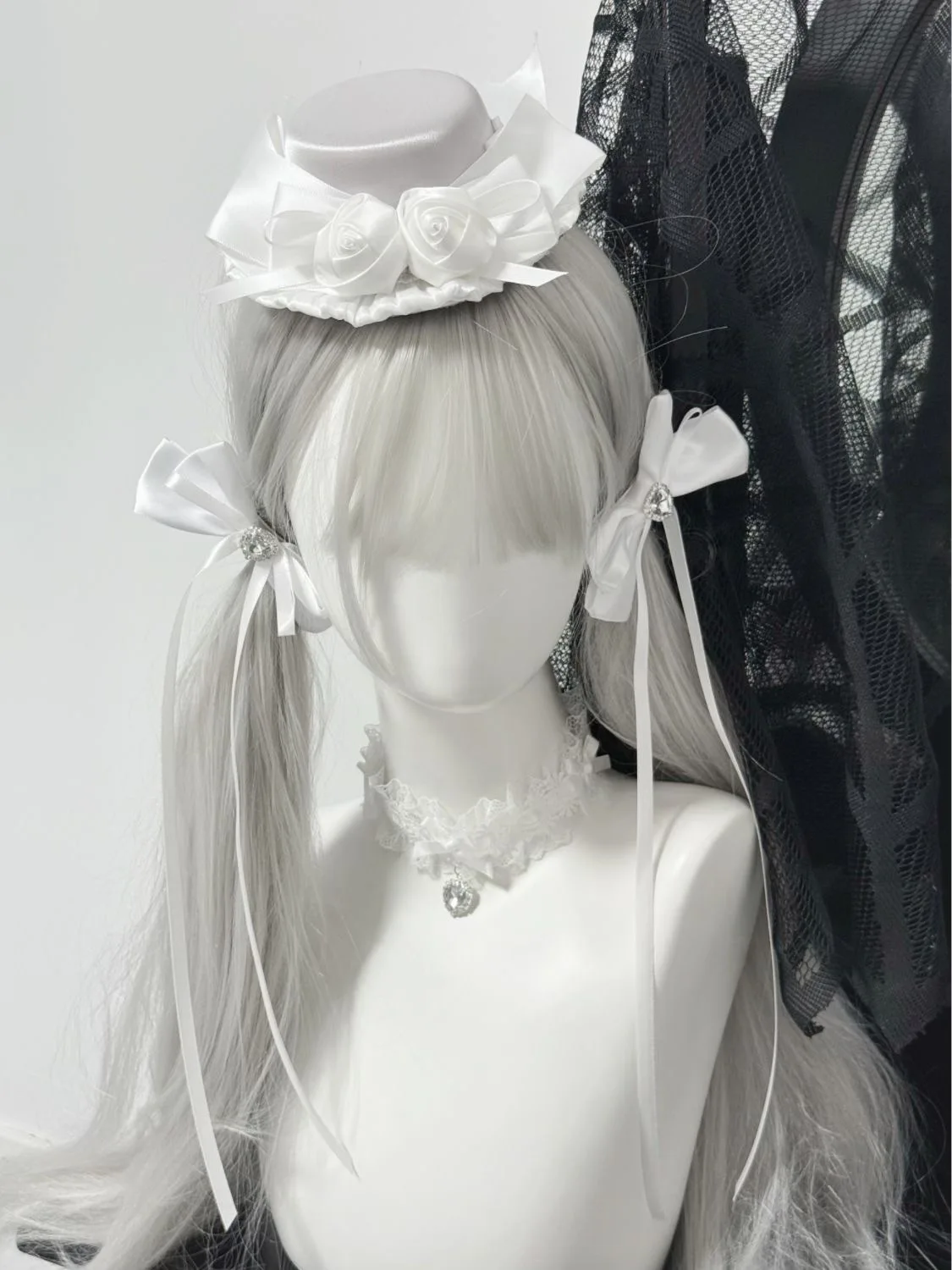 로리타 하라주쿠 Y2K 소녀 고딕 모자 화이트 로즈 작은 모자 머리핀 화이트 JK 보우 헤어 클립 액세서리