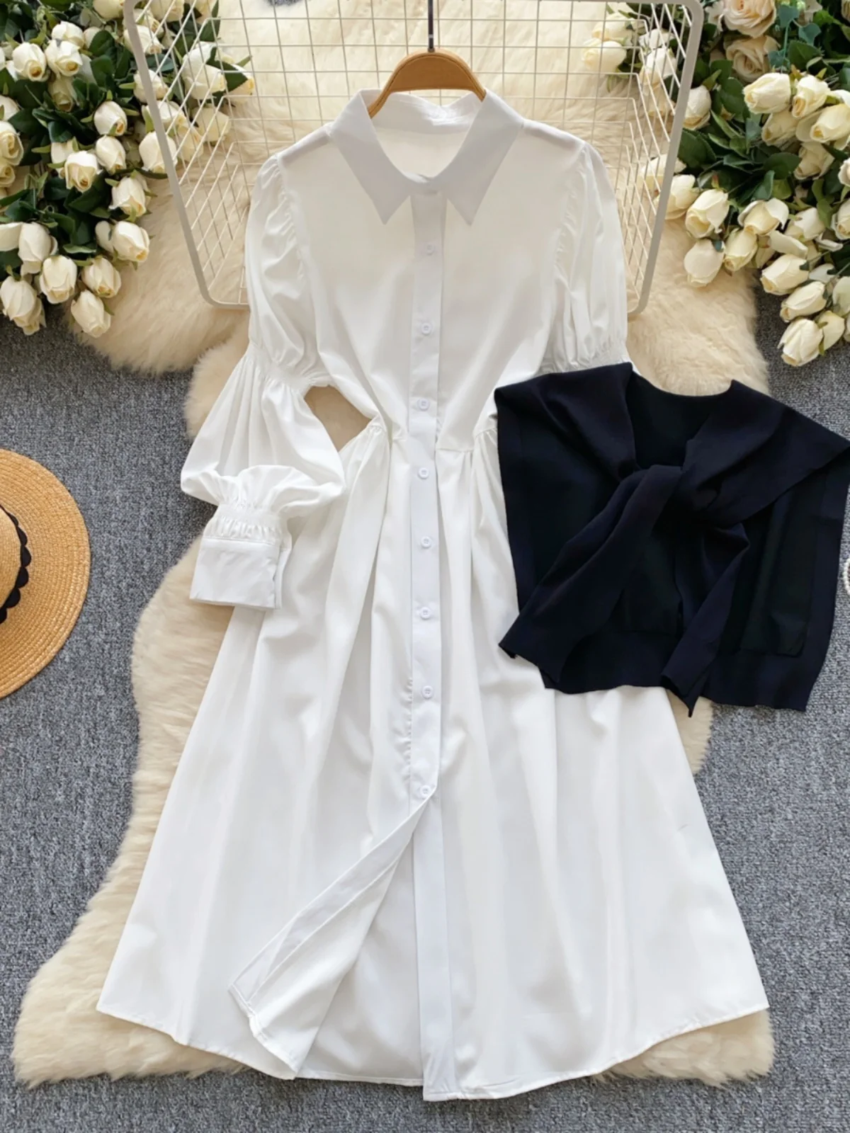 Ele White irt Dr with Bubble Sves Waist-Cinching Knitted awl Two-Piece Set for Young Women Faionable Court Sle