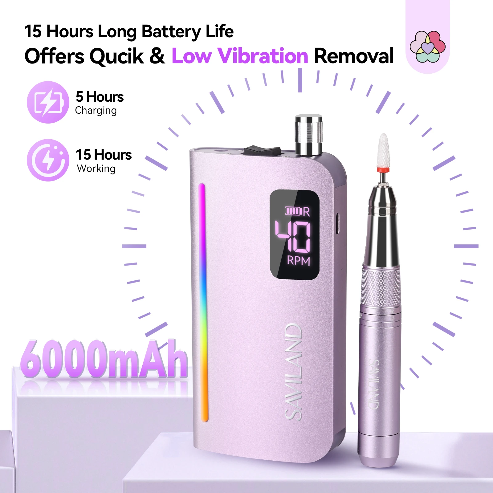 사빌랜드 고급 네일 드릴 40000 RPM 저소음 코어리스 모터 15시간 긴 배터리 수명 저진동 조명 포함 전문가용 살롱용