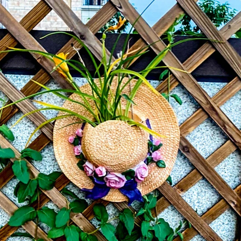 Garden Straw Hat Flower Pot Wall Mounted Decorative Pendant Creative Resin Courtyard Landscaping Rural Balcony Hanging Decor