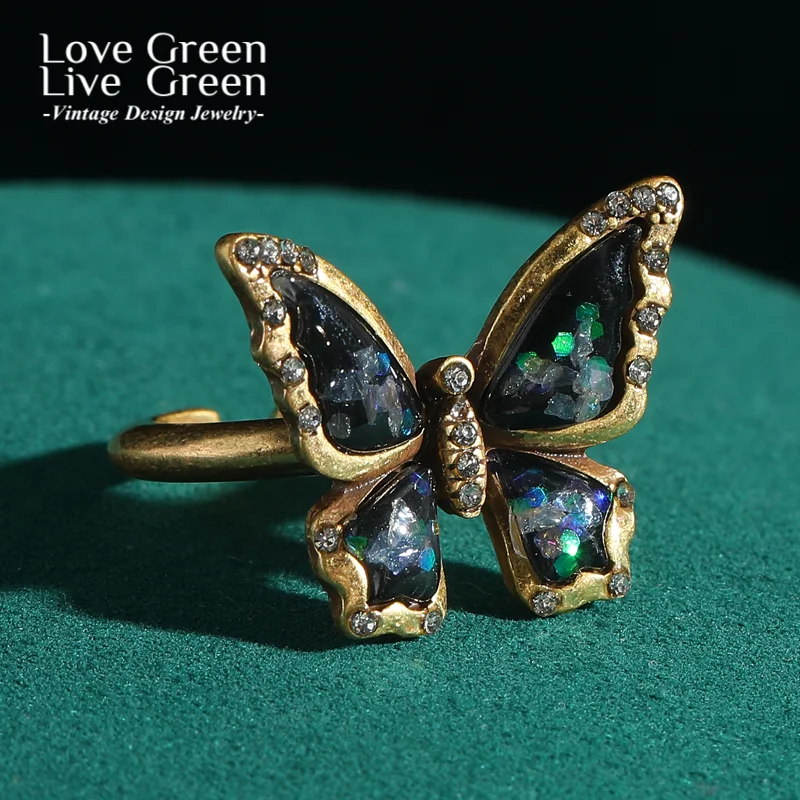

Vintage Black Butterfly Ring Adjustable Natural Stone Antique Gold Color Designer Jewelry For Woman Brand Accessories Luxury