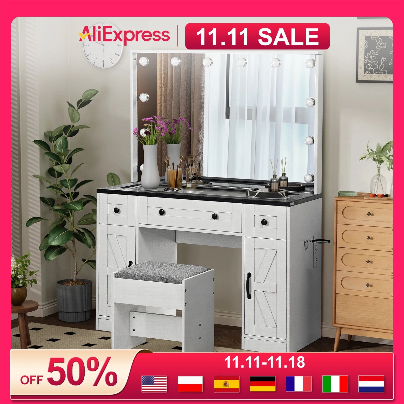 Farmhouse Vanity Desk w/ Lighted Mirror Hollywood Makeup Desk w/ 3 Drawers & 2 Cabinets 43