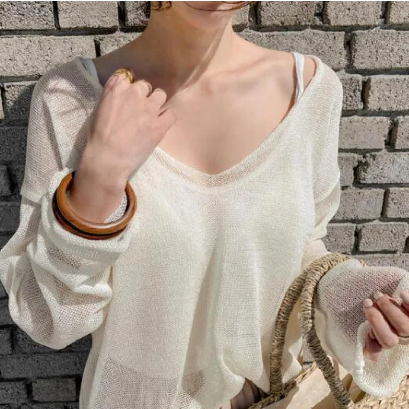 Autumn Blusas 2024 Spring Summer Thin Sexy Women Tops Blouse V-neck Pullover Tops Solid Korean Loose Sunscreen New Lady Clothes