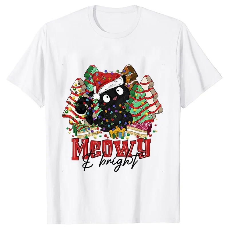 Funny Meowy Christmas Cat T Shirts for Women Clothing T-shirts Harajuku Streetwear Fashion Tshirt Korean Female Aesthetic Tops