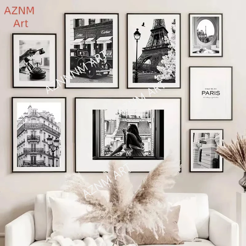 1 Stück, modische Schwarz-Weiß-Poster in Paris, Retro-Architektur, Eiffelturm, Leinwanddrucke, nordische Wohnzimmerdekoration