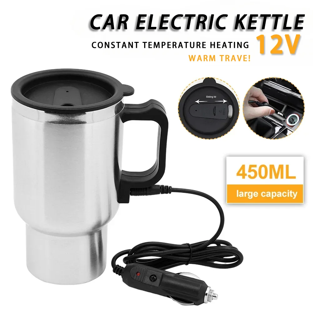 Electric Heating Car Kettle DC 12V 450ml Vehicle Heating Cup Stainless Steel Camping Travel Kettle Water Coffee Milk Thermal Mug