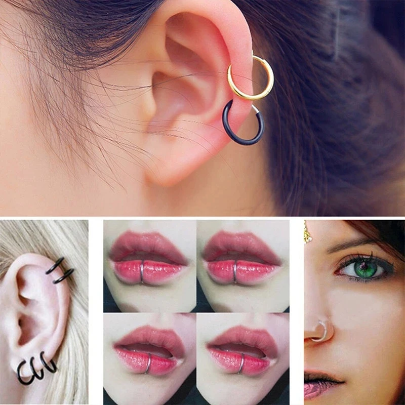 Hoop Clip On Earrings Step Diameter Circle Earring Punk Clip Stealth Spring Small Helix Retractable Ring Cuff Ear Ring Hoops