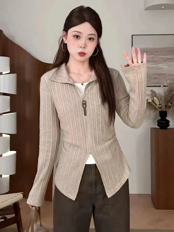 

plus Size Women's Knitted Long Sve Collared Slim Fit Cardigan Autumn Winter New Sle Flattering Base Layer Small Top