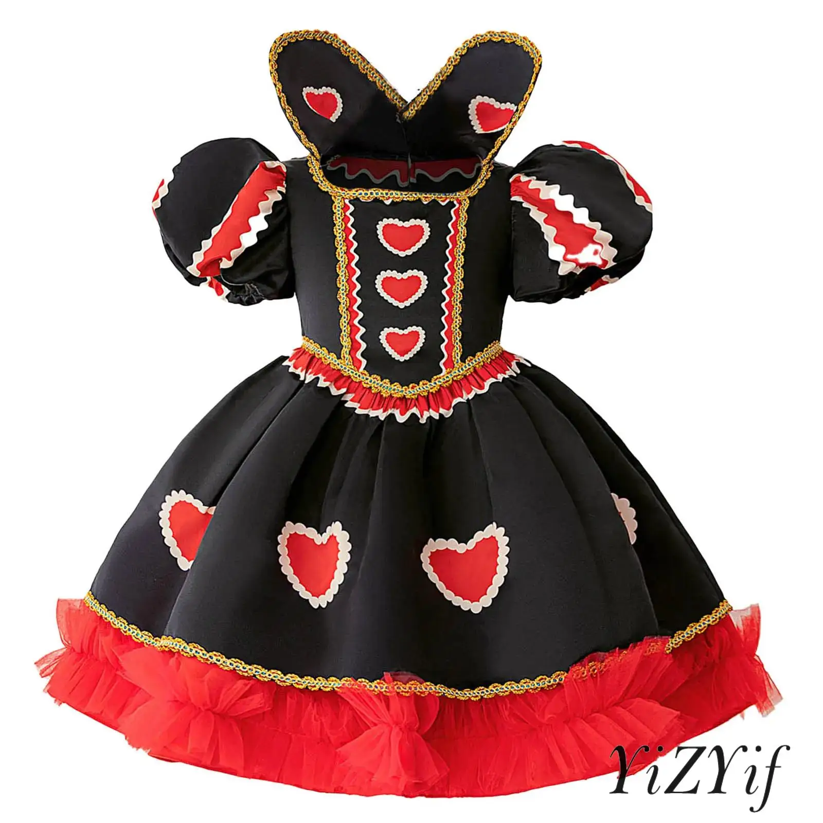 

Kids Girls Stand Collar Puff Short Sleeve Hearts Shape Pattern Back Zipper Princess Dress for Halloween Cosplay Costume