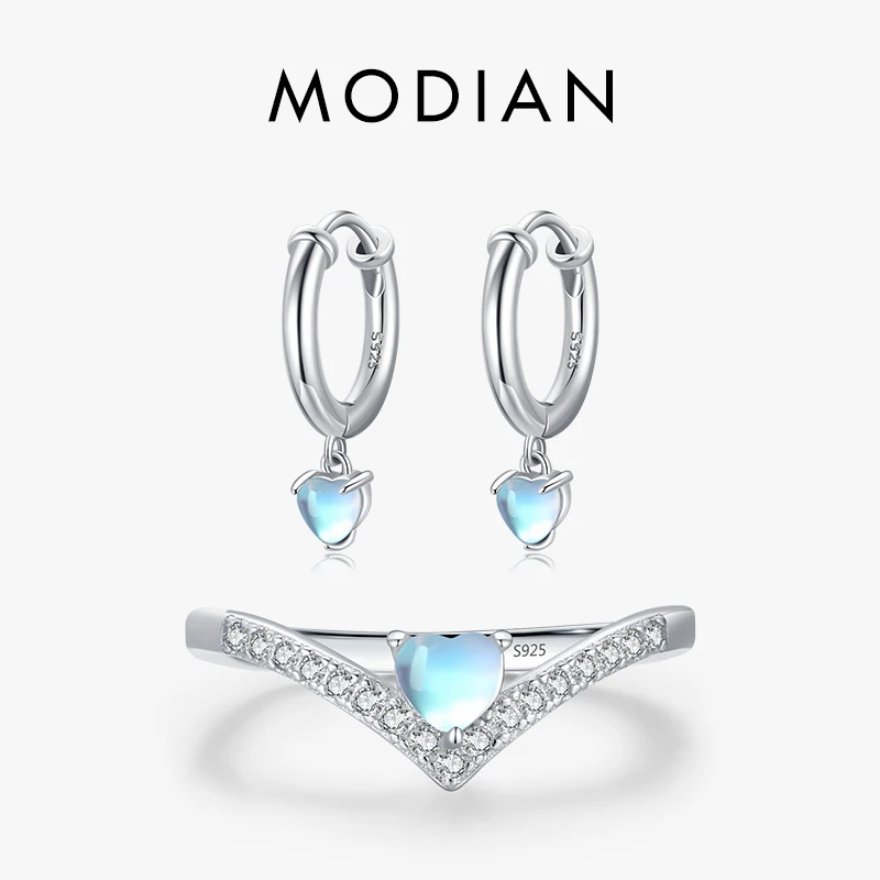 

Modian 925 Sterling Silver Hearts Moonstone Hoop Earrings Fashion Exquisite Arrow Rings For Women Jewelry Sets