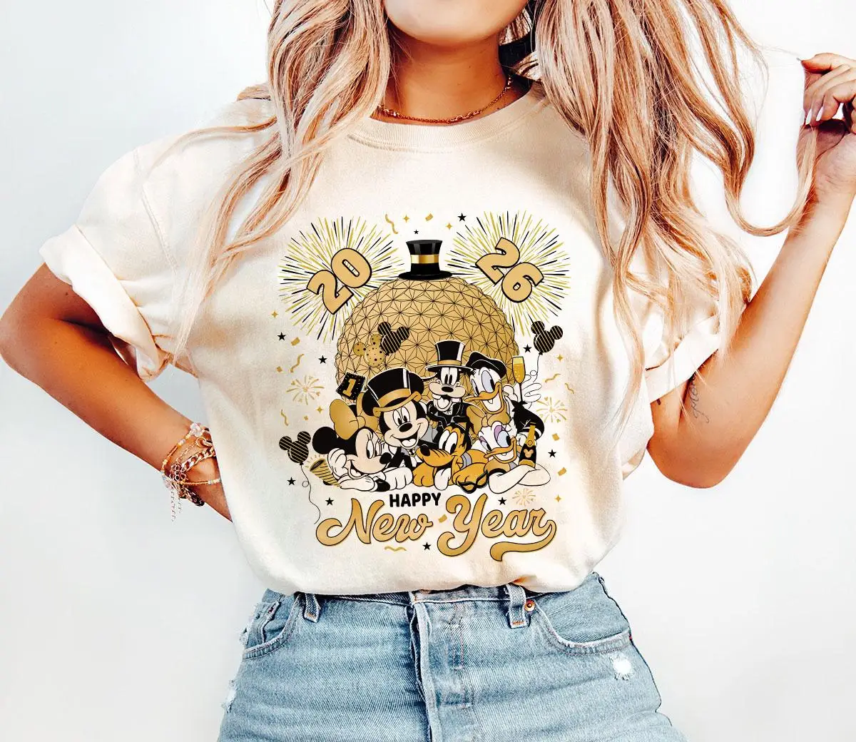 

Disney New Year 2026 Shirt Mickey and Friends Happy New Year Sweatshirt Gold Glitter Party Tee Family Holiday Celebration Top