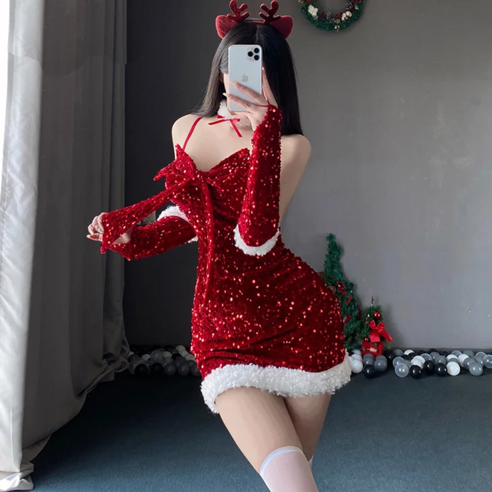 

Сексуальная блестящая рождественская одежда Disfraz Navidad Mujer, новогоднее платье, ночная рубашка, униформа, отделка, Рождественский костюм Санта-Клауса для косплея