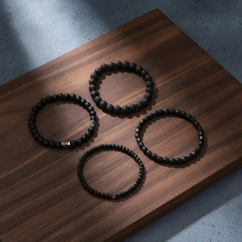 4 Stück schwarze Gallenstein-Vulkanstein-Holzperlen, mehrschichtiges elastisches Kombinationsarmband für Männer, stapelbarer Schmuck für Paare und Freunde, Geschenk. – Detail 8