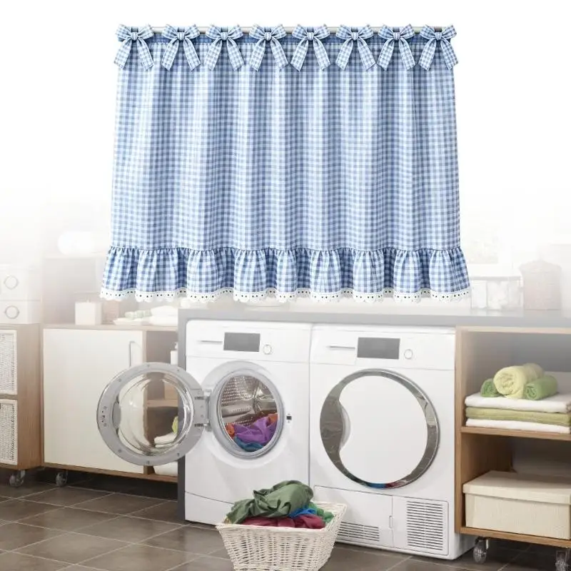 Lace Trim Appliance Cover Curtain, Tie-Top Checked Dust Cover Panel, Cotton Blend, 30 x 21.5 In for Laundry Use J0MC