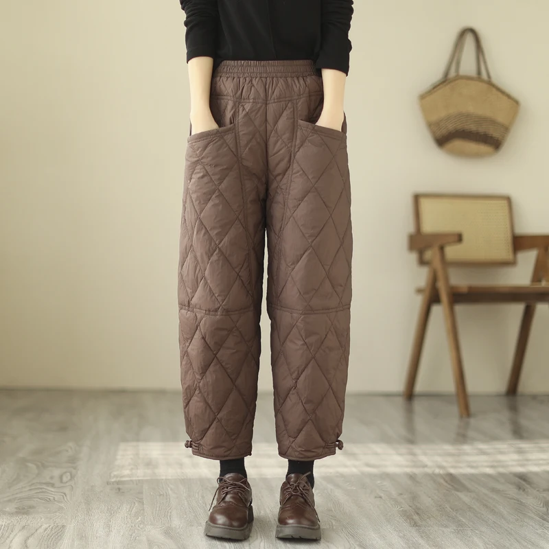 

Женские повседневные брюки больших размеров с наполнителем Du, 9 длин, осень-зима, новые теплые белые брюки Harlan с перьями Du