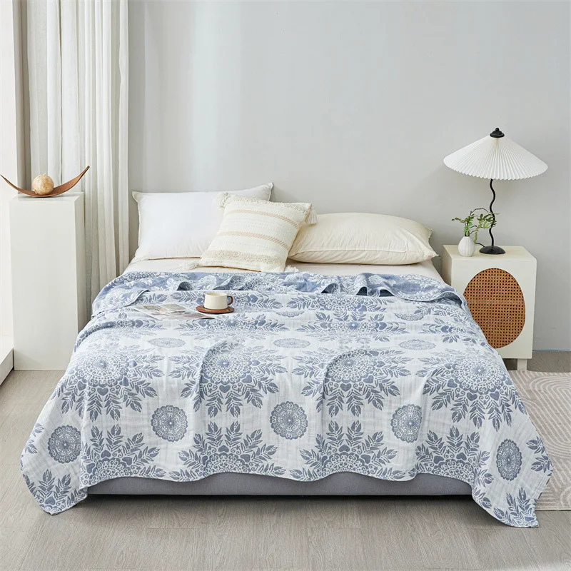 100% Cotton 3-Layer Gauze Yarn-Dyed Jacquard Throw Blanket Class A Breathable Ultra Soft Lightweight for Sofa, Couch & Bed