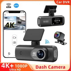 Câmera de traço UHD 4K para carros, lente dupla dianteira e traseira, lente traseira 1080P, WiFi embutido, sensor G com reprodução de trilha GPS, caixa preta do carro