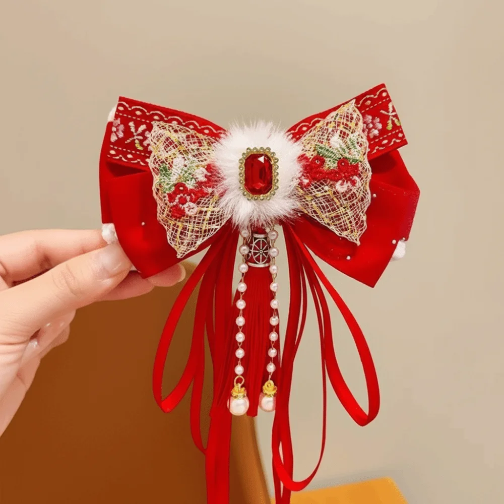 Cute Red Bow Ribbon Hair Clip Flower New Year Hairpin Tassel Pompom Hanfu Hair Ornamen Braid