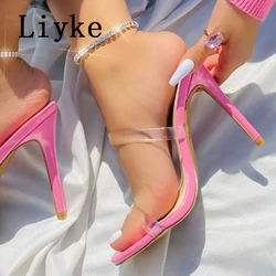 Liyke letnie buty na cienkich wysokich obcasach Sexy 11.5CM kapcie sandały zwięzłe przezroczysty PVC przezroczyste buty z wystającym palcem Slip-On slajdy kobiety Mule