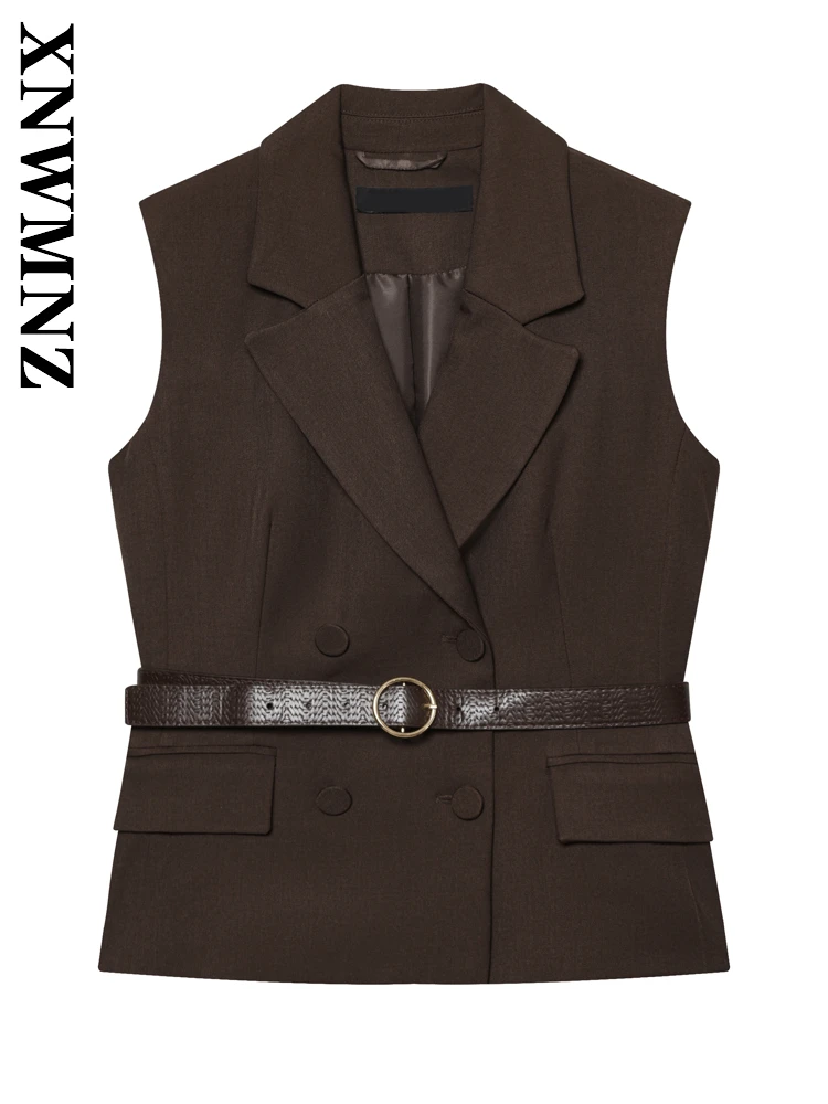 

XNWMNZ Осенняя женская одежда, винтажный повседневный жилет без рукавов с зубчатым воротником, простой зимний женский коричневый модный жилет