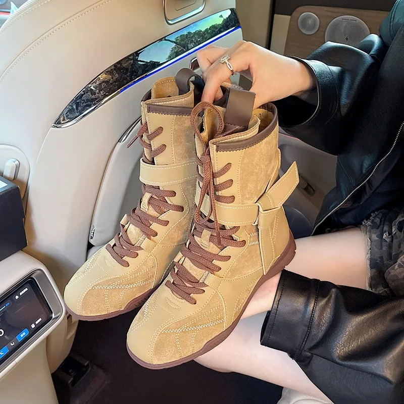 

Женские универсальные ботинки средней длины 35-40 Новые гоночные туфли с круглым носком на шнуровке с внутренней усиленной боковой молнией, повседневная походная обувь