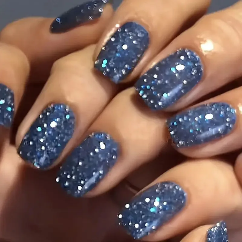 24 Short European Square Blue Laser Glitter Fake Nail Pieces, Wearing Nail Art Stickers, Finished Nail Pieces