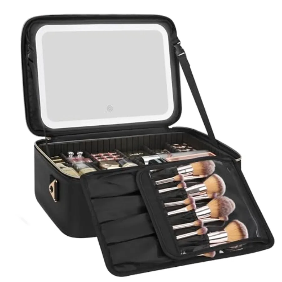 

Travel Makeup Bag With LED Mirror 16.2" Large Makeup Train Case 3 Color Scenarios Adjustable Brightness Waterproof Makeup Train