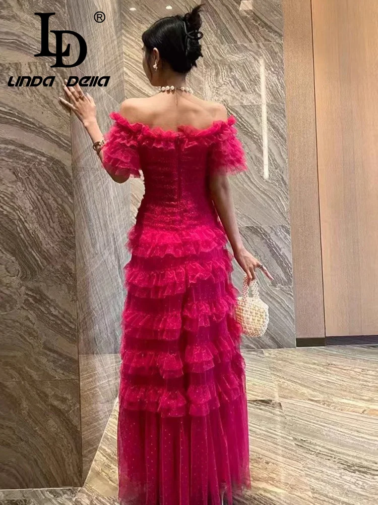 Ld linda dell rosa malha vermelha renda fora do ombro jantar festa sexy em camadas plissado preto fungo borda vestido elegante