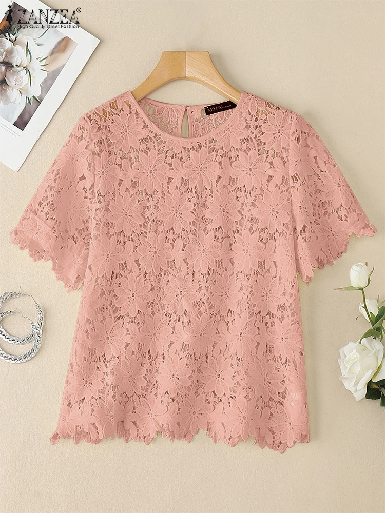 

2025 Summer Lace Crochet Blouse ZANZEA Bohemain Holiday Shirt Women Elegant Short Sleeve Hollow Out Work Tunic Tops Beach Blusas