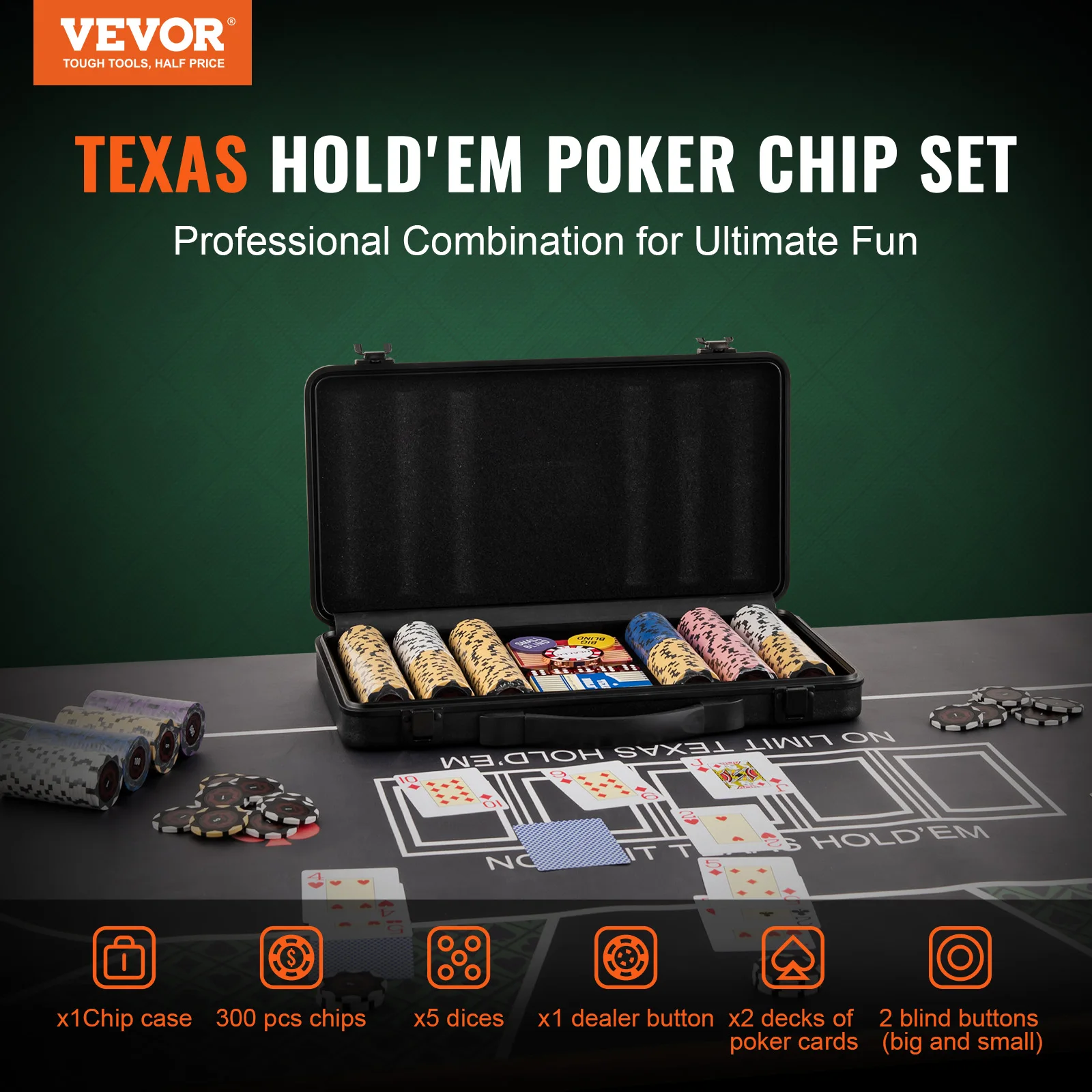 VEVOR Poker Chip Set Complete Poker Playing Game Set with 14 Gram Casino Clay Chips Cards Buttons and Dices for Texas Hold'em