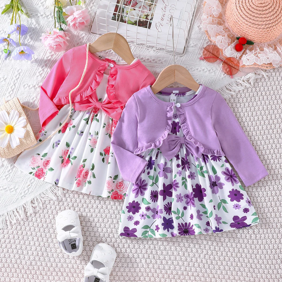 

Fall Baby Girl Floral Dress Sleeveless Bowknot Princess Dresses+Long Sleeve Cardigans Jacket Summer Sundress