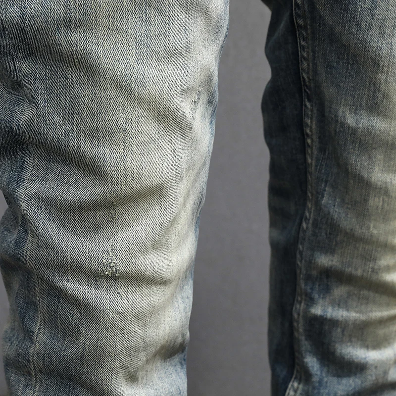 Streetwear Fashion Men Jeans High Quality Retro Blue Elastic Slim Fit Ripped Jeans Men Trousers Vintage Designer Pants Hombre